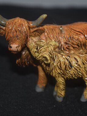 Collectible Resin Highland Cow Mom and Baby Figurine - 4" Rustic Statue